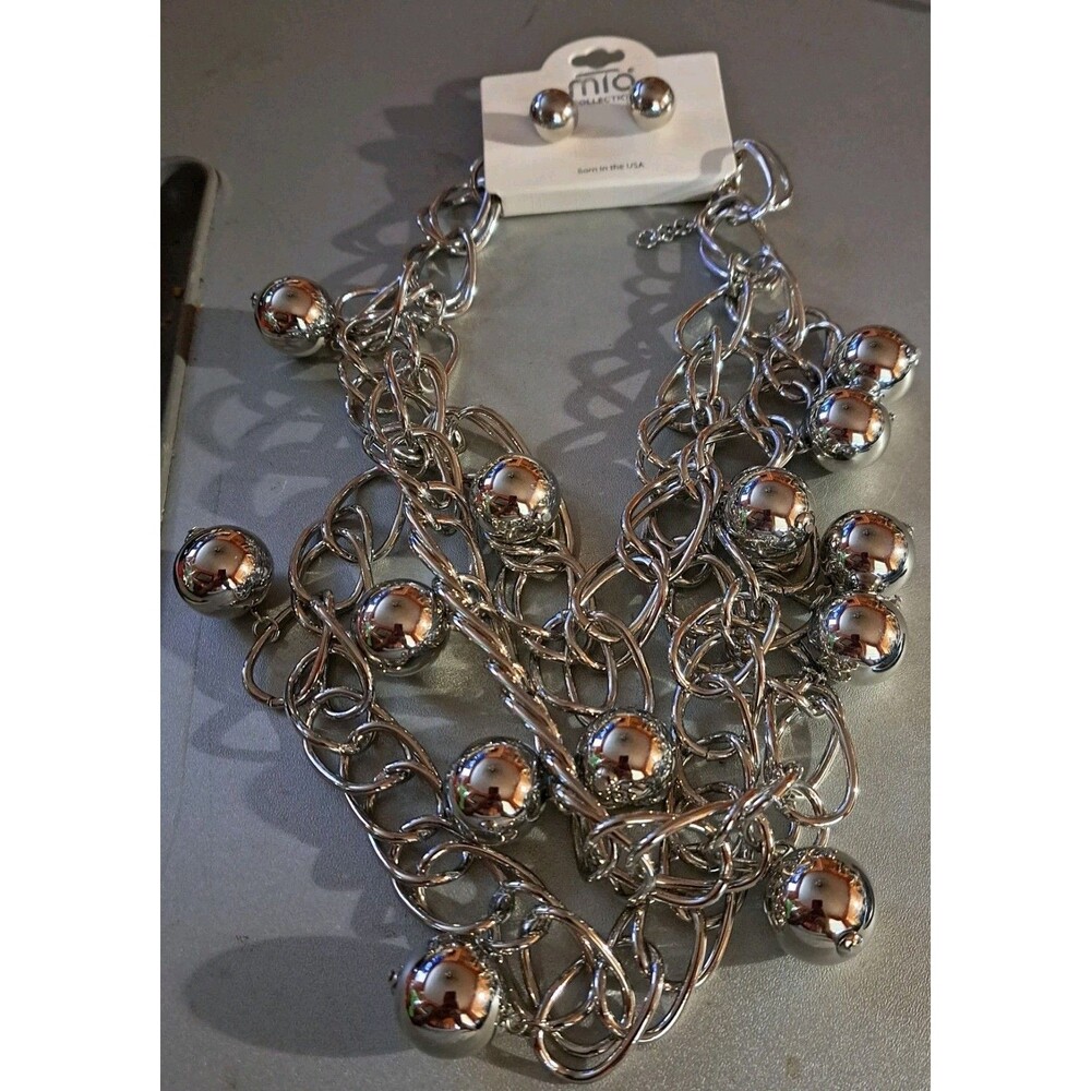 Mio Collection Chunky Silver Tone Multi Strand Chain Necklace Ball Charm Set